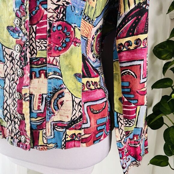 Chico's Colorful Abstract Faces Wearable Art Denim Jacket - Size 1 (Medium Sz 8) - Picture 5 of 9
